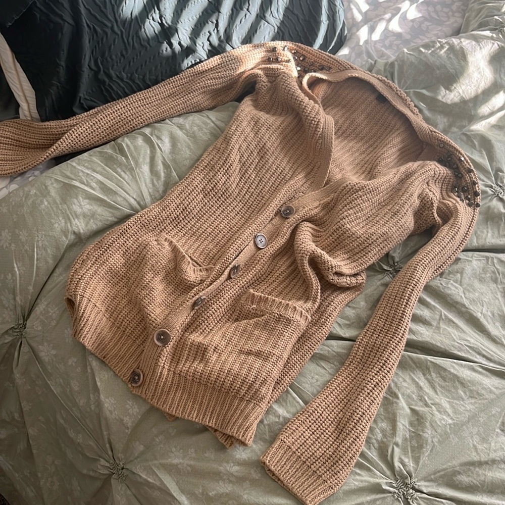 Stud Shoulder Tan Cardigan Sweater